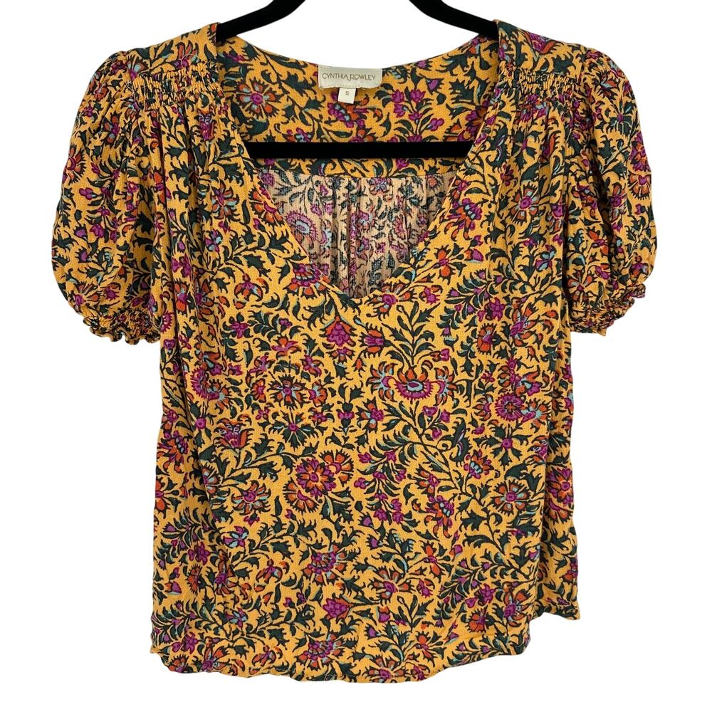 Cynthiaβ Rowley Blouse Womens Small S Yellow Pink Floral Puff Sleeve V-Neck Boho